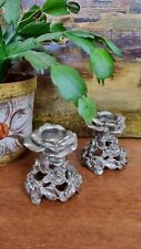 Pair Small Silver Metal Heavy Weight Candlestick Hllders Rose Floral Design...