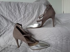 M&S Taupe Suede & Gold Faux Leather High Heel Strappy Court Shoes UK7/EU41