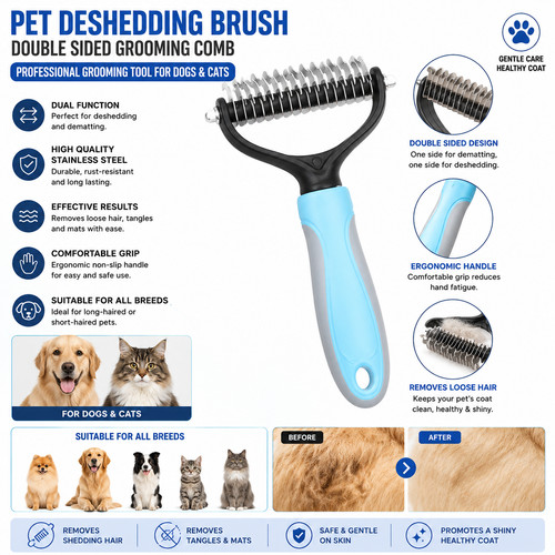 Pet deshedding brush - deshedding, double