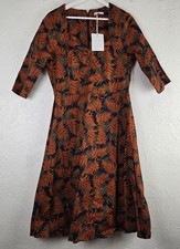 Joe Browns Fit & Flare Dress Autumn Leaf Print Rust Navy 3/4 Sleeve Cotton UK 12