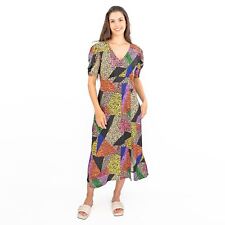 Oasis Womens Dress Patchwork Animal Print Midi Short Puff Sleeve V-neck Summer