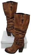 STEVE MADDEN Olivia Ladies Tan Leather Zip Up Block Heel High Leg Boots Shoes