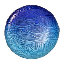 Blended Blues Round Glass Fish Motif Turkish Platter Reverse Painted NWT
