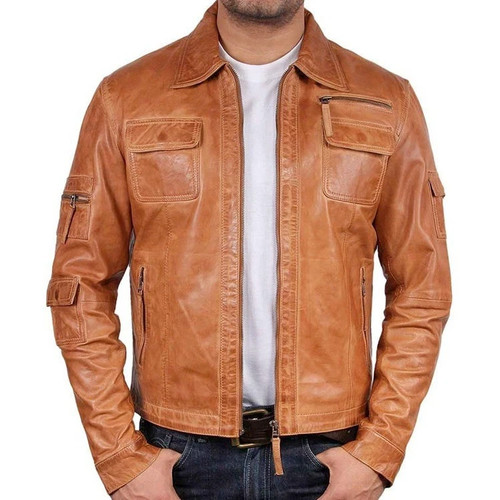 Men tan leather jacket shirt - men's,