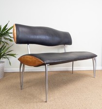 Vintage Mid-Century Salon / Tattoo Waiting Room Bench Black Vinyl & Chrome