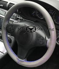 FOR VAUXHALL CORSA C GREY PERFORATED LEATHER STEERING WHEEL COVER BLUE DOUBLE ST