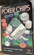 100 PROFESSIONAL POKER CHIPS  DUAL TONED CHIPS PLUS DEALER BUTTON ALL IN OWN TIN