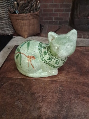 Porcelain green cat with - porcelain,