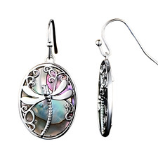 Exquisite Abalone Shell Dragonfly Dangle Earrings Sterling Silver Tone Bohem B82