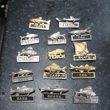 Vintage collection of  14 Trout Carp Perch Shark Angling/Fishing Metal Badge/Pin