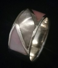 Vintage 925 Sterling Silver Pink & White Mother Of Pearl Ring Band sz L