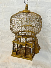 Vintage Ornate Hanging Birdcage – Decorative Scrollwork Wire Cage in Aged Gold