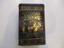 Vintage Large Oriental Tea Caddy Tin Black Gold Red Chinese mid 20th Century