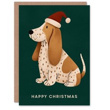 Christmas Card Cute Brown Spotted Basset Hound Dog in Santa Hat