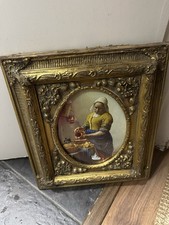 Antique Oval The Milkmaid by Johannes Vermeer’s Painting. Small Damage On Frame.