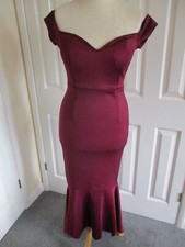 Maroon, Bardot Neckline, Bodycon, Flounce/Fishtail Hem, Long Dress - Size 12/14