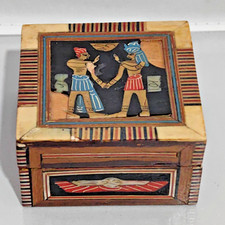 Vintage Handmade Egyptian Wooden Inlaid Mother of Pearl Jewellery Box Red Inner