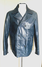 Strellson Men Blue Leather Pea Coat Double Breasted Biker Jacket Zipped Cuffs XL