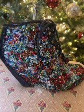 Rare Irregular Choice Sequin Rainbow Wedge Boots Ladies Size 40 UK 7 Black Pink