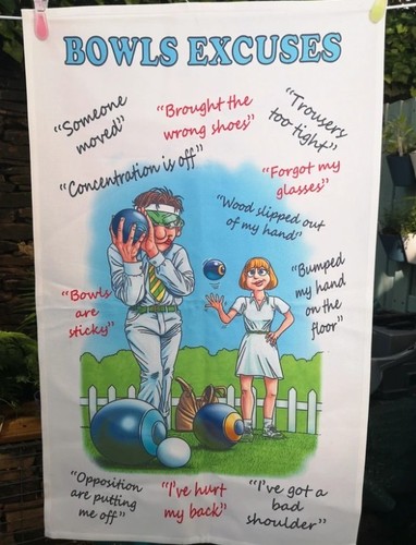 Bowls excuses tea towel - 'bowls, excuses'
