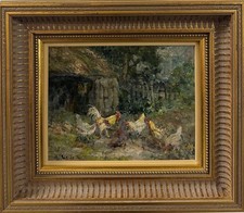 John Falconer Slater : Cockerel And Chickens , Signed , Oil On Canvas Board