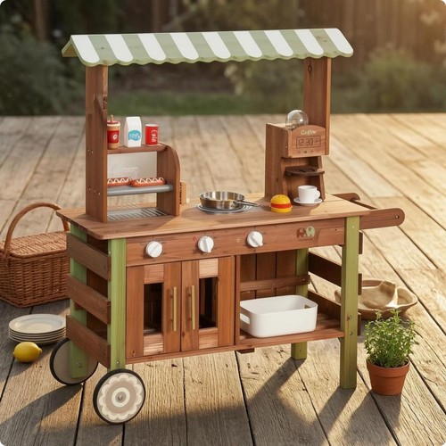 Wooden market stand striped - wooden,