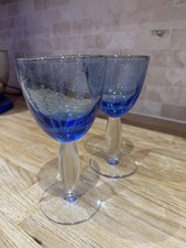 Set of 2 Heavy Hand Blown Wine Glasses Blue and Clear with Air Swirl Design