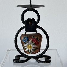 Vintage Hand Painted Enameled Floral Cow Bell on Metal Stand for Candle 4-1/2"