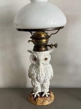 Antique Sitzendorf white pottery oil lamp owl vesta shade burner no oil or fuel