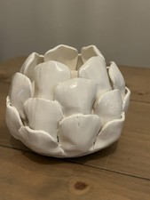 Large Vintage Cream Glossy Ceramic Artichoke Rustic Candle Holder Cottagecore 