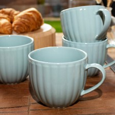 Set Of 4 Blue Luxe Oversized Mugs 420ml Stoneware Ribbed Duck Egg Hot Coffee Cup