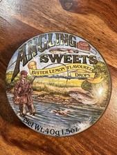 Vintage Angling Sweets Bitter Lemon Drops Tin Fisherman Scene c1950s Fishing
