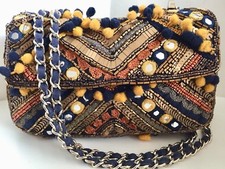 Zara Quilted Tweed Flap Bag Embroidery Chain Pom Poms Cotton Multicolor Black