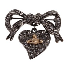Vintage Art Deco Look Heart Bow Brooch Antique Grey Gold Crystal Pin Orb Gift UK