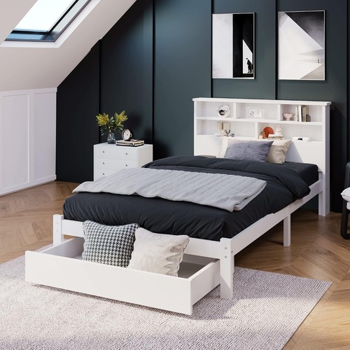 Wooden bed frame - wooden, white