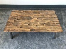 Unique Rustic & Metal Coffee Table - Dark Oak Wood Block Effect Top Black Legs