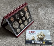 2005 UK Proof Set. 12 Coins In Red Leather Case. Royal Mint Booklet. COA.