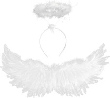 Wings and Halo, White Fairy Angel Wings Fallen Angel Wings Halloween Fancy Dress