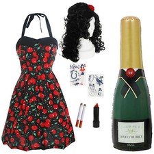 LADIES 00'S WINEHOUSE ICON COSTUME BEEHIVE WIG DRESS CHAMPAGNE MUSIC FANCY DRESS