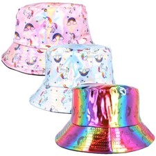 UNICORN BUCKET HATS Kids Party HOLOGRAPHIC Pink Silver Rainbow Girl Boy Sun Rain