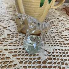 Small Hand Blown Clear Glass Horse Figurine Standing On A Crystal Ball.