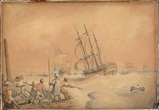 Naval Ships Off Coastline Watercolour Painting - Late 18th / Early 19th Century