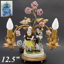 Antique Gilt Bronze 2-Branch Boudoir Lamp, Porcelain Flowers & Dresden Figures