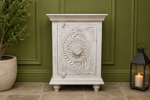 Carved mango wood bedside - carved,