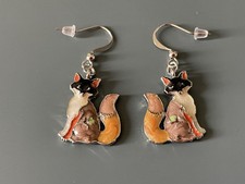 Beautiful Brown Fox Cub Enamel Metal Dangle Earrings - New In Plastic Pouch