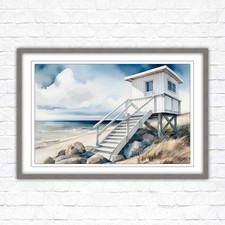 Lifeguard hut on the beach. Framed picture print. Watercolour wall art.