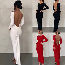 SEXY Womens Long Sleeve Backless Dress Ruched Evening Party Bodycon Maxi Dresses