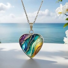 Women Silver Metal Long Multicoloured Heart Glass Pendant Necklace Birthday Gift