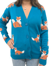 Whimsical Fox Print Button-Up Short Cardigan for Women Long sleeves Ladies