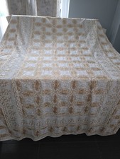 Vintage Cream Gold Embroidered  Tablecloth  52x96 Inches